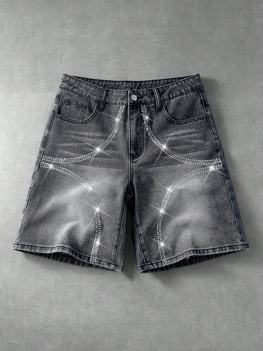 ROMWE MEN Street Life Men's Casual Denim Shorts With Pocket, Button And Rhinestone Decor, Versatile For Daily Wear And Travel - Black - View 1