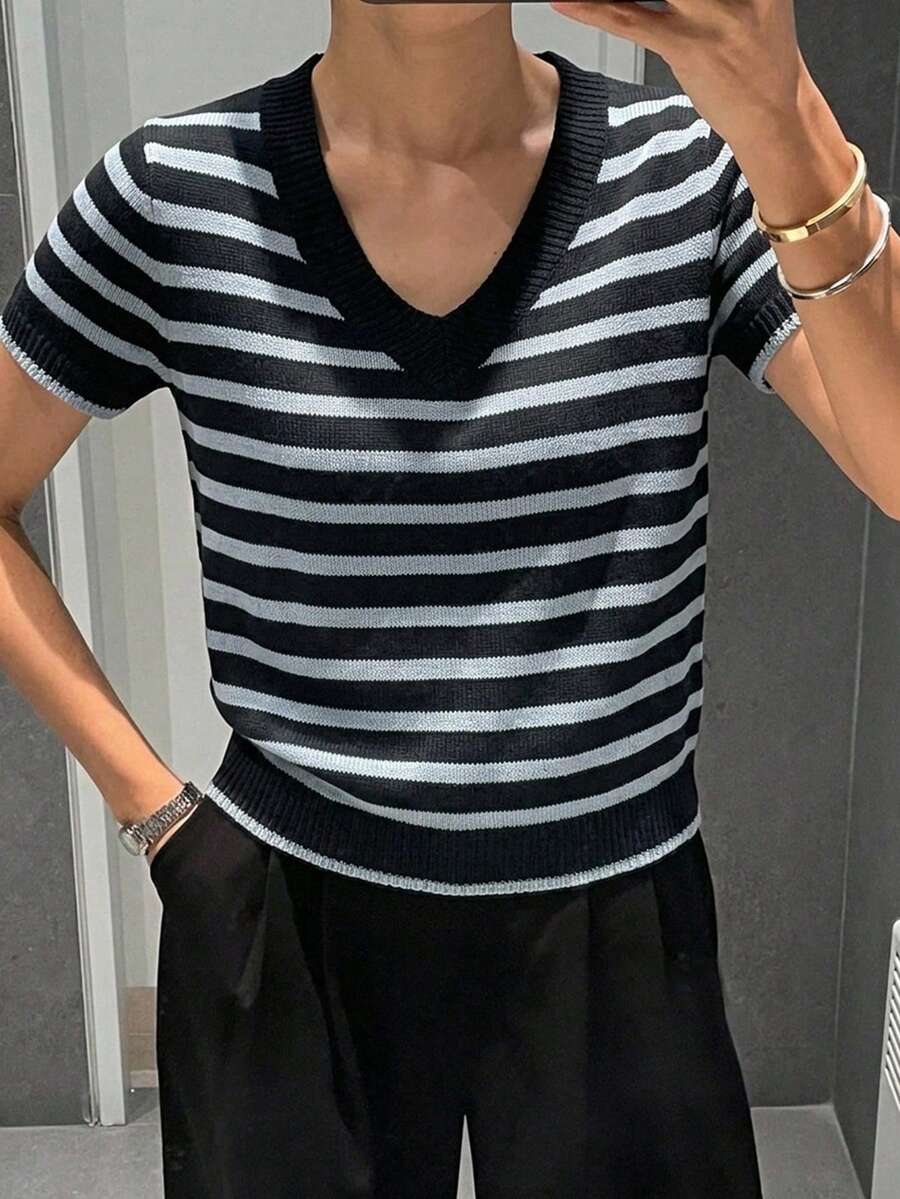 DAZY 女款領口條紋套頭短袖針織衫 夏季 - 寶藍色 - 查看 1
