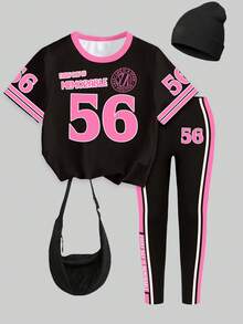Girls Fashion Simple Number 56 Black & Rose Red Badge Striped Print Basic Short T-Shirt & Long Pants Set, Daily Wear - Multicolor - View 6