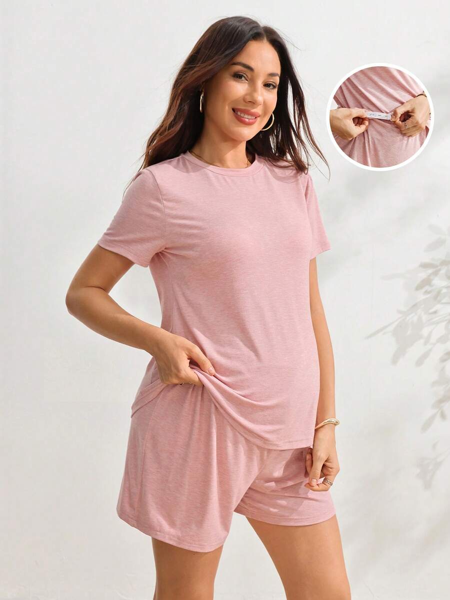 SHEIN 孕婦純色圓領短袖T恤與可調腰圍短褲休閒兩件套 - 藕粉色 - 查看 1