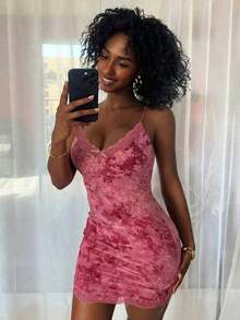 Livesso Women's Sweet Floral Lace Patchwork 3D Bow Decor Camisole Sexy Dress Summer Pajamas - Pink - View 3