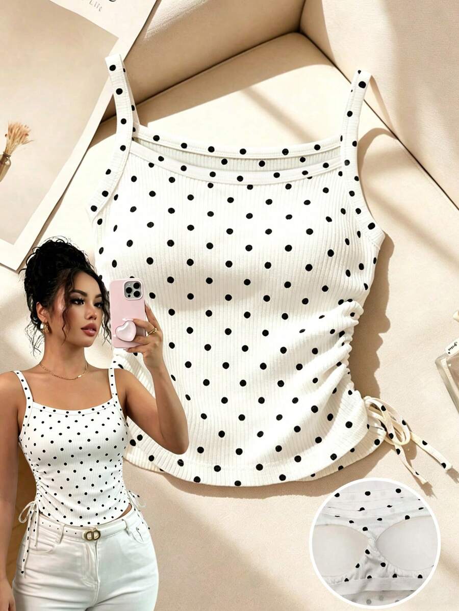 SHEIN Elenzya 女士波点背心，侧边褶皱设计，夏季 - 彩色 - 查看 1