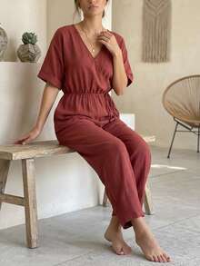 Livesso Women's Solid Color V-Neck Pleated Casual Daily Home Wear Jumpsuit - Burgundy - View 5