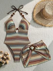 SHEIN Swim 女款新款紋理布料性感串珠連身泳衣附裙組，沙灘裝，度假、泳池、夏季 - 彩色 - 查看 6