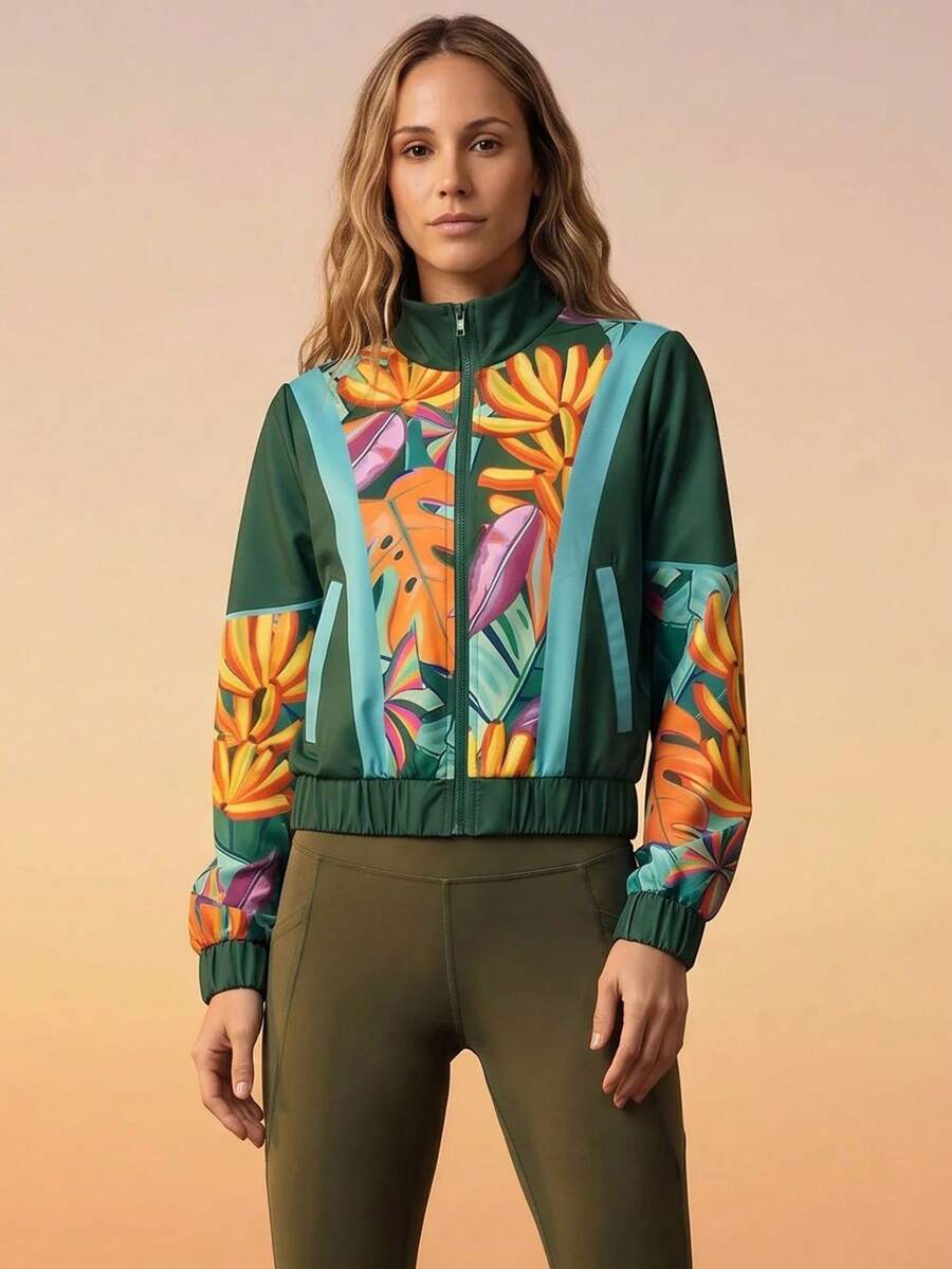 CAJUNI Women's Tropical Plant Print Long Sleeve Zip-Up Sports Jacket - Green - View 1
