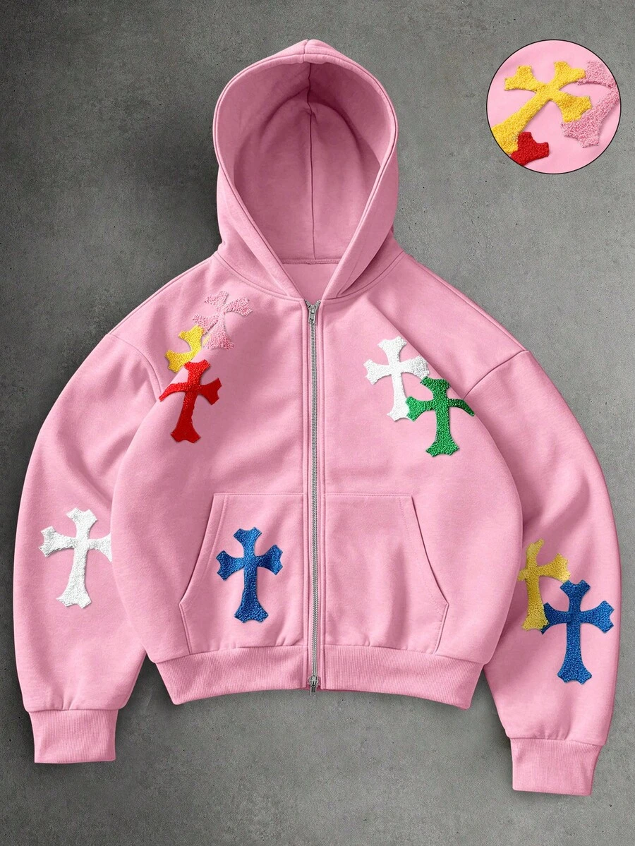 PAVTROS Sudadera con capucha de manga larga con bolsillo y cremallera en el pecho con diseño de patchwork para hombre - Rosa - Ver 1