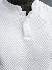 Manfinity CasualCool 大尺碼男士立領 Polo 衫，針織提花面料，休閒日常穿著，時尚百搭風格 - 白色 - 查看 5