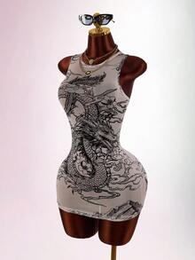 Amplova Women's Printed Sheer Fitted Bodycon Mini Dress - Black - View 4