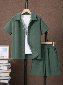 SHEIN Tween Boy Summer Casual Solid Color Shirt & Shorts 2 Pieces Set - Dark Green - View 3