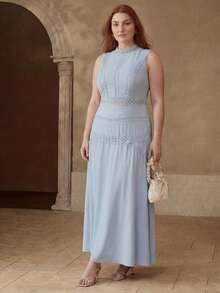 MOTF PREMIUM PLUS ELEGANT CONTRAST LACE LONG DRESS - Baby Blue - View 8
