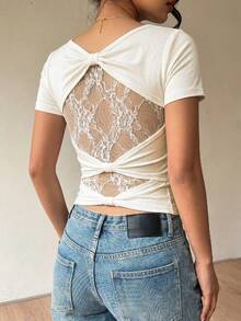 Siren Gaze Kaos Tanpa Lengan Slim Fit Patchwork Renda Terbaru Musim Semi/Panas untuk Wanita, Cocok untuk Kencan, Makan Malam, dan Malam Hari, Warna Putih Elegan. - Aprikot - View 5