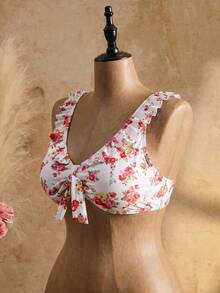 Bellisia 2026 Summer New Women's Plus Size Sweet Cute Ditsy Floral Bikini 3-Piece Set With Ruffle Hem Skirt, Vacation Swimwear - Multicolor - View 3