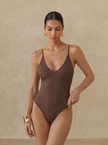 Anewsta Summer Beach Rib-Knit Tie Back One-Piece Swimsuit Bathing Suit - Brown - View 2