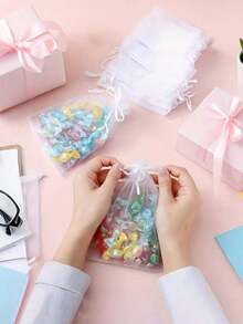 5/10/20/50/100pcs Multi Sizes White Organza Drawstring Bags, Transparent Mesh Gift Pouches, Jewelry Candy Cosmetic Soap Packaging, Wedding Favors, Birthday, Thanksgiving, Christmas Holiday Gift Storage Bags For Home And Party Use Sets For Gift Wraps - White - View 3