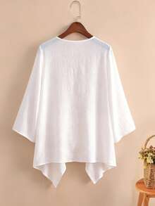 GlowEve Áo khoác nữ tay lửng 3/4, ve áo bất đối xứng, chất liệu pha lanh, nhẹ, thích hợp cho mùa xuân/hè, kiểu dáng thường ngày, thích hợp cho kỳ nghỉ. - Màu be - Xem 2