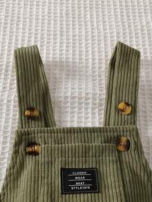 SHEIN Playful Pals 男嬰 0-3 歲 春/秋 卡其色字母刺繡燈芯絨連身褲，適合外出、購物、居家休閒、生日派對 - 綠色 - 查看 3