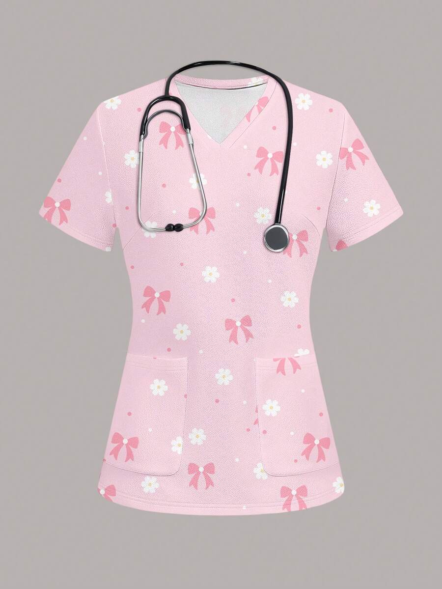 PopScrub Women's Scrub Cute Bow & Daisy Print Top, Pet Hospital - Multicolor - View 1