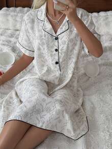 CottageSlumber Gaun Tidur Wanita Ukuran Standar Motif Garis-Garis dan Bunga Lengan Pendek, Gaya Romantis, Pakaian Rumahan yang Nyaman, Musim Semi/Panas - Aprikot - View 4
