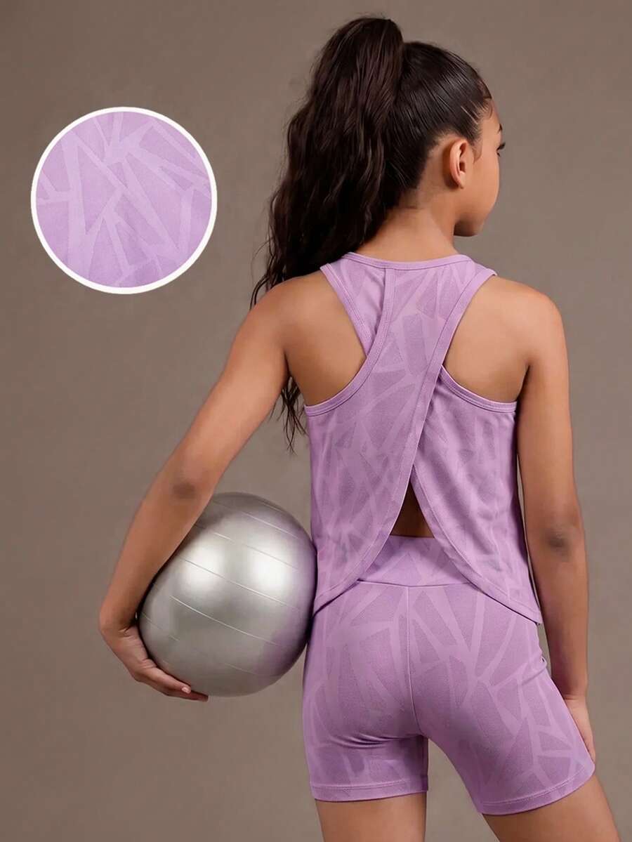 SHEIN Tween Girls Clothing Chiba Knit Jacquard Purple & Pink Top + Shorts Matching Sets, Round Neck Loose Comfortable Sporty Casual Elegant Urban Student College Girls 2-Piece Set, Moisture Wicking Absorbs Sweat - Mauve Purple - View 1