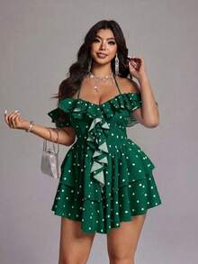 Viva Relle Plus Size Women Polka Dot Print Ruffle Off-Shoulder Halter Neck Fashion Dress - Green - View 3