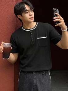 DAZY Men's Textured Fabric Patchwork Contrast Collar Basic Half-Placket T-Shirt - Black - View 3