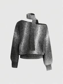 ROMWE Autumn/Winter Casual Asymmetric Collar Gradient Sweater - Dark Grey - View 1