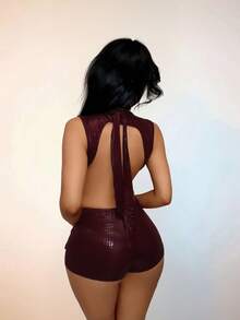 Amplova Women's Tight Burgundy Jumpsuit Backless Deep V-Neck Waist Cutout Snake Skin Pattern Stretchy Summer Club Night Out Night Rave Avant-Garde Sexy - Burgundy - View 13