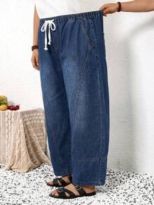 EMERY ROSE EMERY ROSE Plus Size Women's Drawstring Waist Pocket Casual Traditional Loose Fit Versatile Daily Travel Denim Jeans Boho Wide Leg Summer Vacation Beach - Blue - View 4