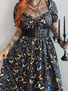 Whyspr 大尺碼女款度假風蝴蝶印花荷葉邊前綁帶泡泡袖洋裝 - 藍色 - 查看 7