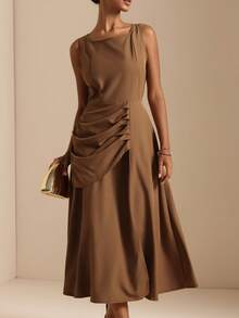 Vesra Women's Summer Elegant Solid Color Sleeveless Midi Dress - Brown - View 4