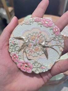 1/2 Pcs Chinese Style Round Makeup Mirror, Enamel Craft Vanity Mirror With Floral And Bird Pattern, Portable Cosmetic Mirror With Protective Sleeve For Home Decor Gift - Multicolor - View 10