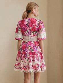 Anewsta Summer Floral Print Lace Trim Waist Cinched A-Line Elegant Ladies Short Dress - Pink - View 2