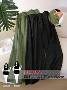 SHEIN Tall CURVE 两件套加大码纯色扭结口袋休闲宽松裤套装 - 彩色 - 查看 1