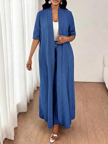 SHEIN Lady 女款優雅休閒通勤度假簡約純色長版開襟外套與寬鬆直筒長褲兩件套四季款 - 中等水洗藍 - 查看 6