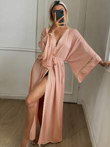 DAZY Summer Autumn Lace Patchwork Women's Nightgown Pajamas - Pink - View 5