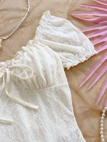 Soleia 新款女款休閒度假風西式海灘婚禮賓客穿搭 畢業早午餐服飾 聖帕特里克節 春假 復活節 音樂節 優雅波希米亞熱帶風 乳白色花瓣袖紋理 T-shirt 連身衣 - 杏色 - 查看 6