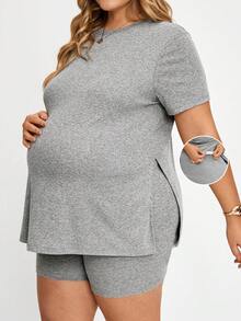Plussiva Plus Size Maternity Solid Color Short Sleeve Side Slit T-Shirt And Adjustable Waist Shorts 2-Piece Set - Grey - View 1