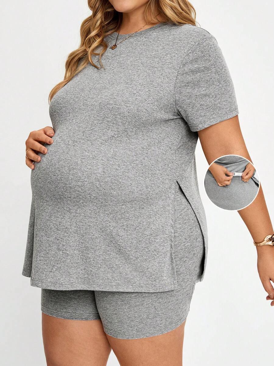 Plussiva Plus Size Maternity Solid Color Short Sleeve Side Slit T-Shirt And Adjustable Waist Shorts 2-Piece Set - Grey - View 1