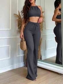 EMERY ROSE Casual Vacation Halter Neck Backless Tie Tank Top & Slim Fit Flare Leggings Two Pieces Set - Grey - View 5