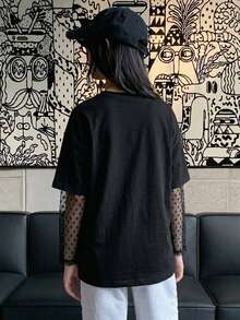Dazy Kids Tween Girl Bow Pattern Print Lace Patchwork Round Neck T-Shirt - Black - View 2