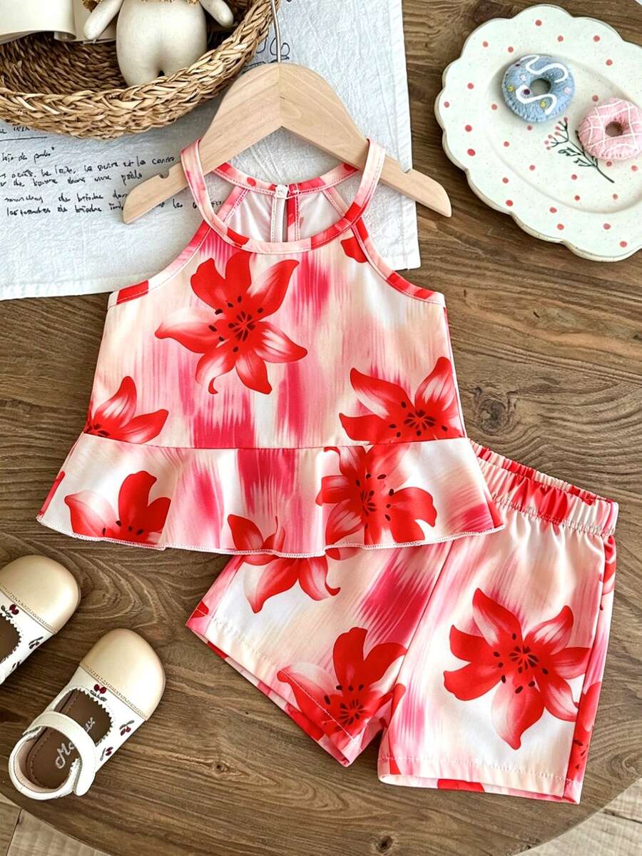 SHEIN Vintaside Kids 2件組女嬰幼兒/新生兒0-3歲春夏季多巴胺鮮豔花卉印花度假細肩帶上衣+短褲套裝，嬰兒春夏季套裝