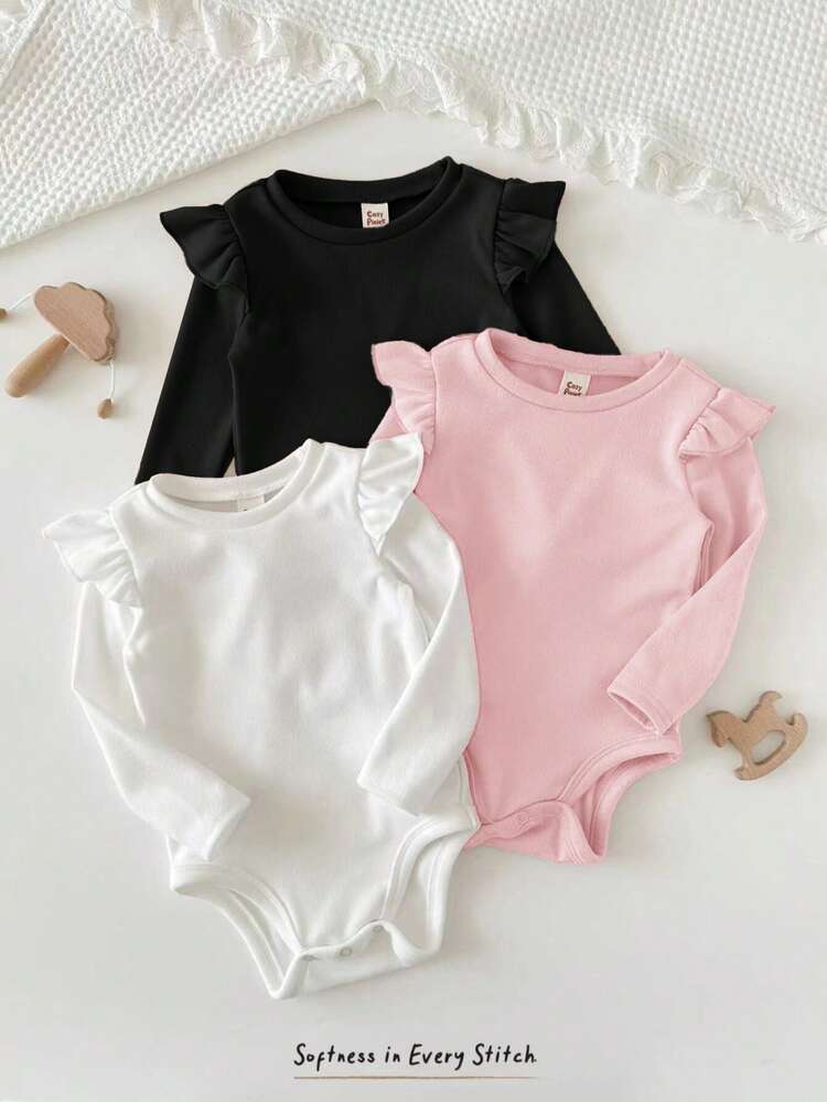 Cozy Pixies 3pcs/Set Baby Girl Multi-Color High Elasticity Thermal Lined Brushed Thick Ruffle Flutter Sleeve Autumn Bodysuit, Suitable For Winter, Suitable For - Baby Pink - View 1