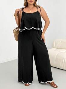 SHEIN CURVE+ 大尺碼女款休閒傳統波西米亞風度假純色紋理寬鬆連身褲 商務正式 黑白配色 夏季早午餐 - 黑色 - 查看 5