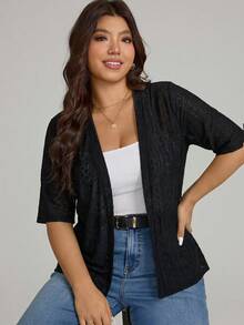 Comfylo Plus Size Women's Solid Color Casual Versatile Daily Wear Short Sleeve Cardigan - Black - View 3