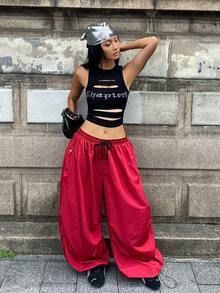 Coolane 女款時尚抽繩腰寬鬆寬腿休閒長褲 - 酒紅色 - 查看 4