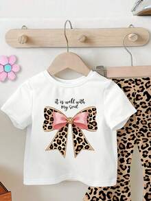 SHEIN 2pcs Baby Girls Casual Cute Leopard Print Bow Cartoon Print Soft Knit Round Neck Short Sleeve T-Shirt And Matching Leopard Print Flare Pants Set, Ew Ss26 Fashion, Summer Outfits - Multicolor - View 3