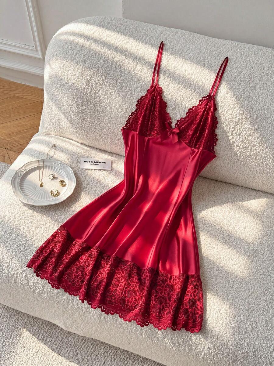 Moireta Ladies' Lace Patchwork Cami Sleep Dress Pajama Dress Bridallingerie - Red - View 1