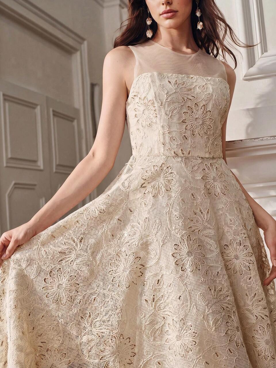 Women's Elegant Mesh Beaded Embroidered Long Dress