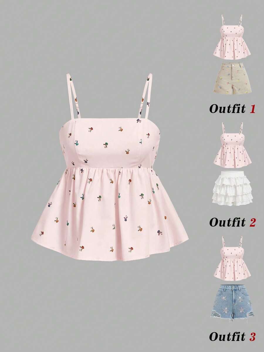 SHEIN MOD 復古清新碎花女款細肩帶背心 - 粉色 - 查看 1