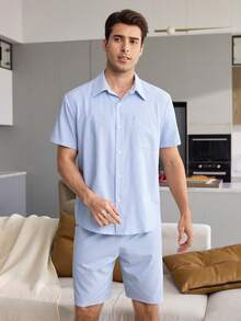 CoupledUp Cute Solid Color Casual Woven Striped Square Neck Short Sleeve Button-Up Shorts Men's Loungewear Set - Blue - View 2